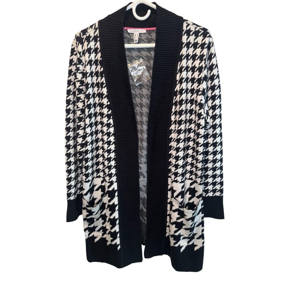 Isaac Mizrahi Live! Womens Black Houndstooth Open Cardigan Sweater M NEW Classic